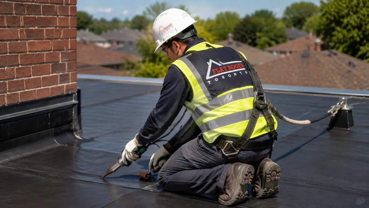 Roofer in full safety gear heat welding a membrane seam during flat roof repair Markham homeowners rely on