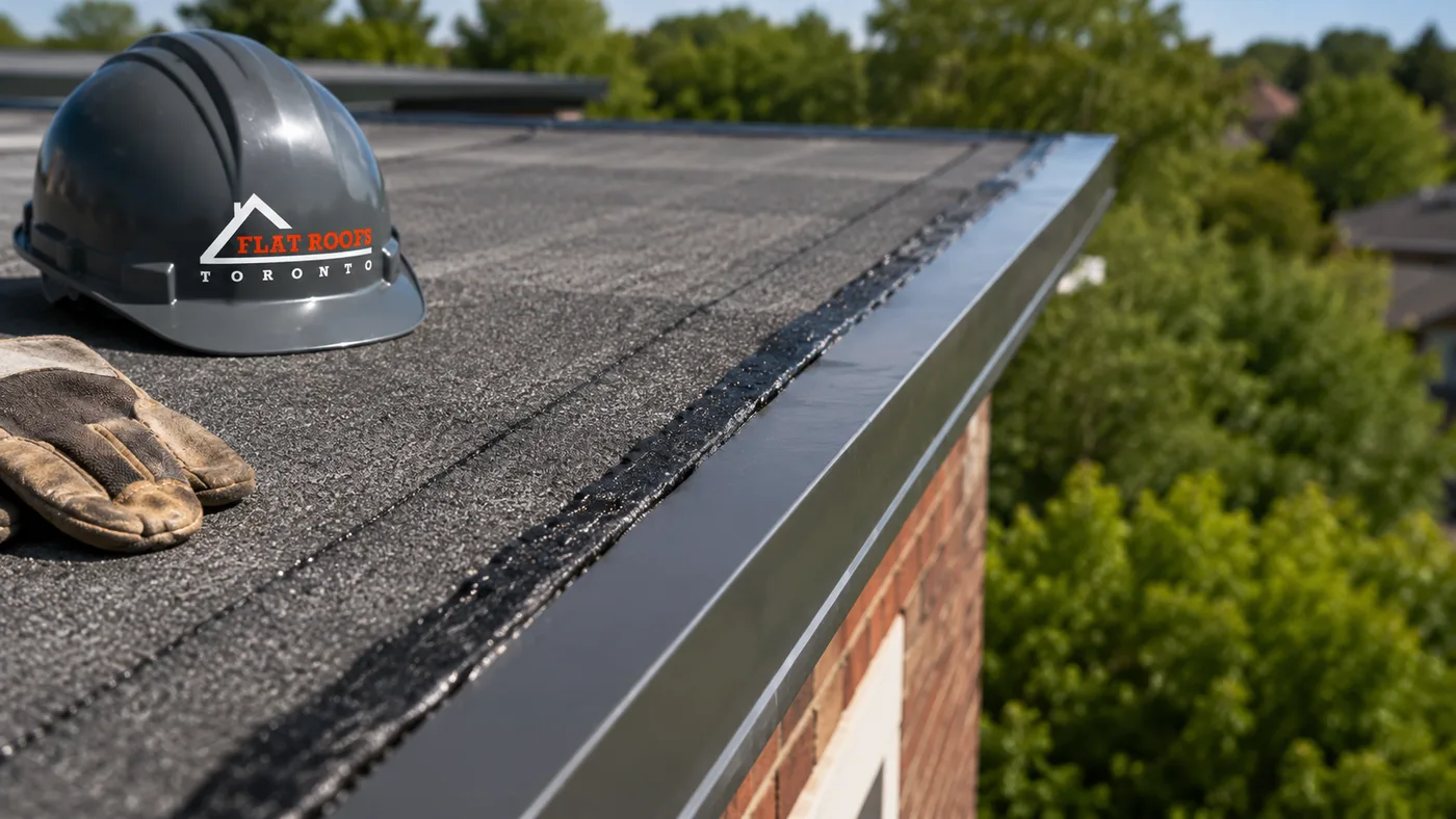 Close detail of sealed flat roofing Markham membrane seam and metal edge flashing at a roof perimeter