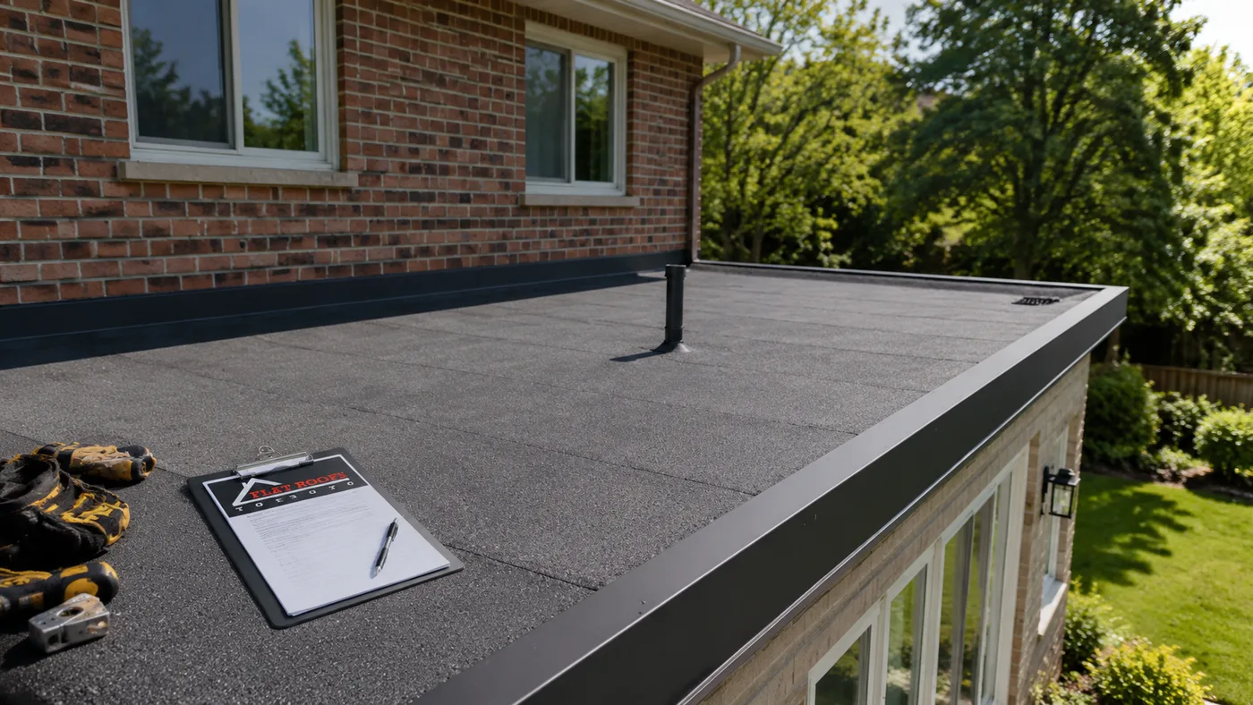 Flat roofing Markham project on a suburban home with a low-slope rear addition roof in summer
