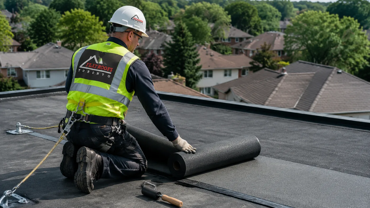 Roofer installing modified bitumen membrane during a flat roofing Markham replacement on a suburban home