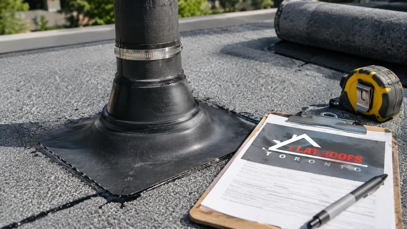 Close up detail of flat roof replacement in Markham showing sealed pipe boot and membrane flashing
