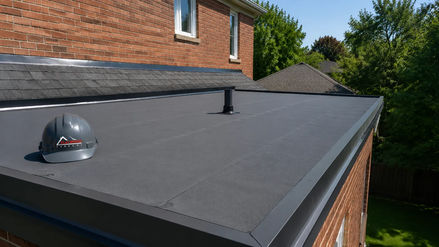 Newly replaced flat roof membrane on a suburban Markham home showing clean seams and edge metal