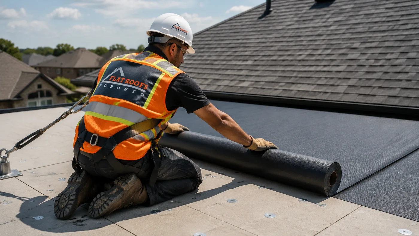 Roofer in full safety gear installing membrane during a flat roof replacement in Markham