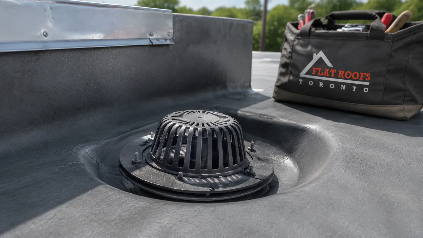 Close detail of membrane flashing and drain assembly on a commercial flat roofing Vaughan installation