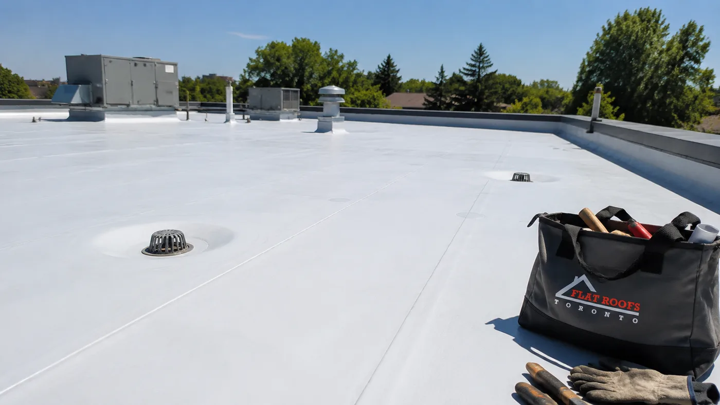 Commercial flat roofing Vaughan project on a low slope membrane roof of a suburban plaza