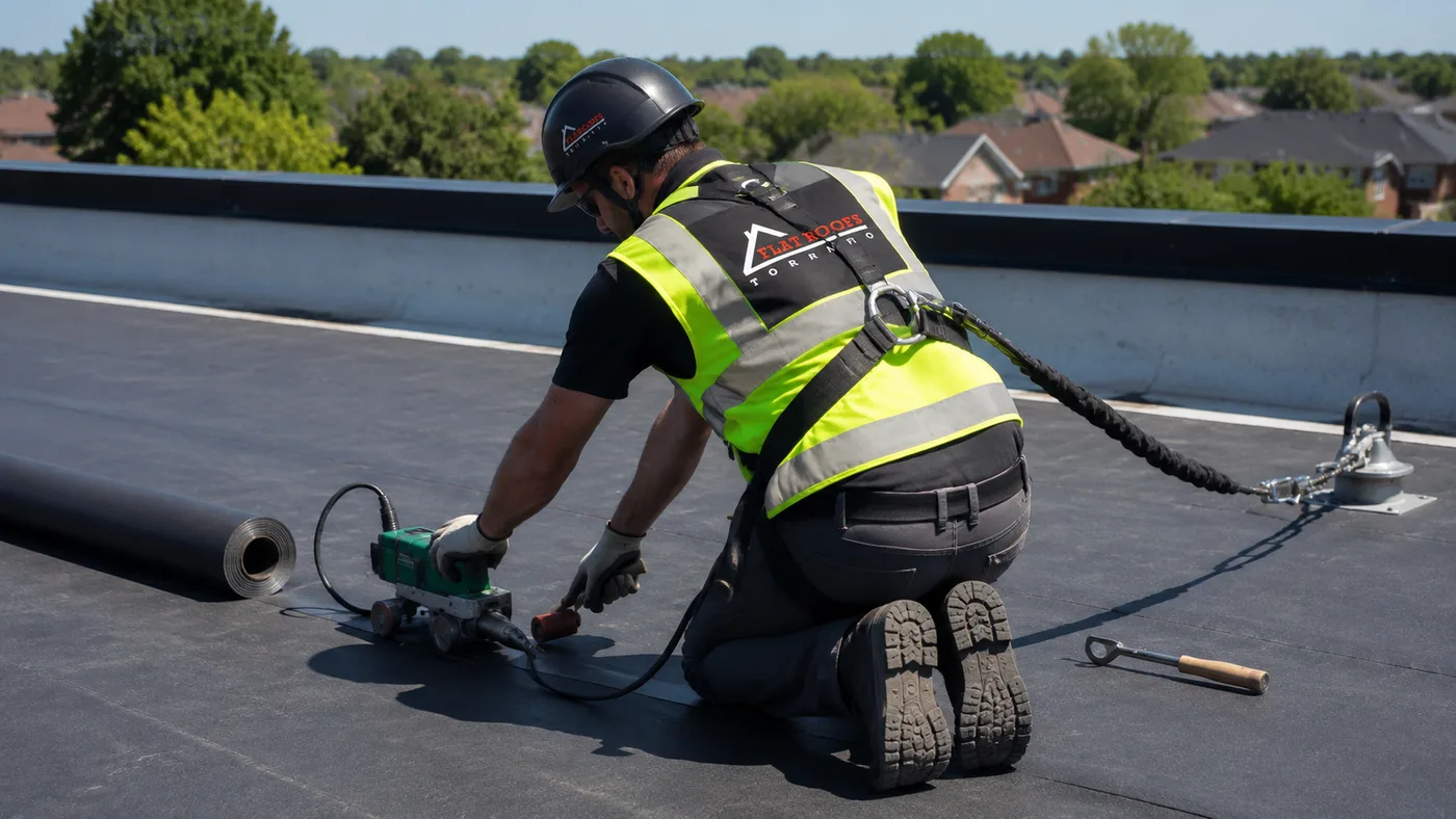 Roofer in full safety gear welding a seam during commercial flat roofing Vaughan membrane work