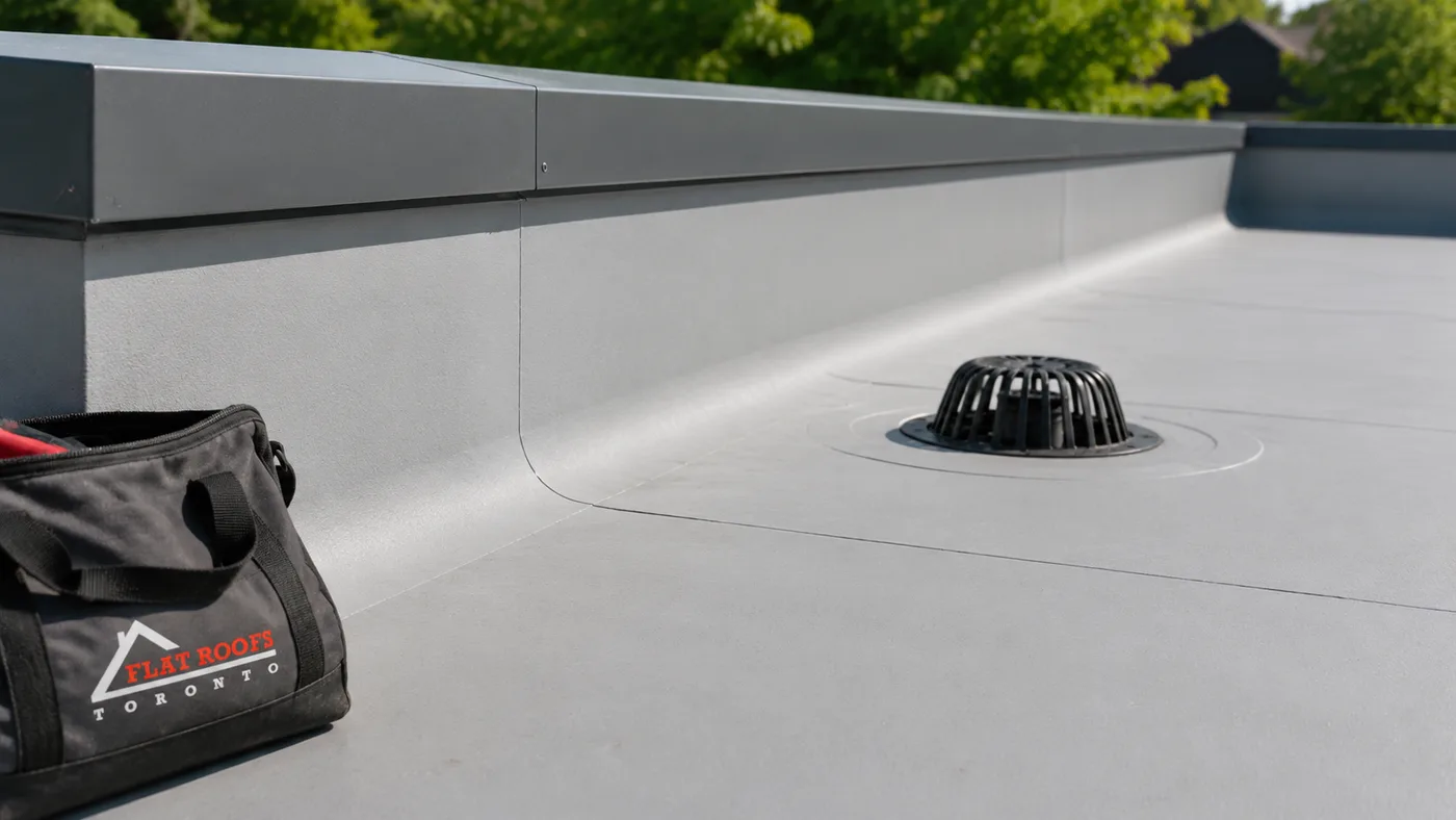 Close up of parapet flashing and roof drain detail on commercial flat roofing in Markham after replacement