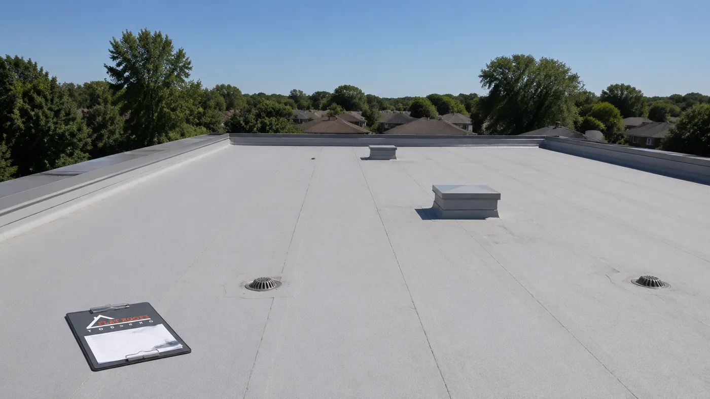 Commercial flat roofing in Markham on a low rise suburban building with membrane, parapets and roof drains
