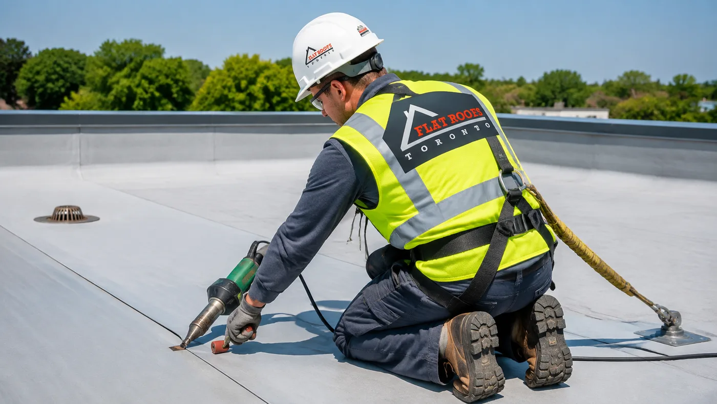 Roofer heat welding single ply seams during a commercial flat roofing Markham membrane replacement in summer