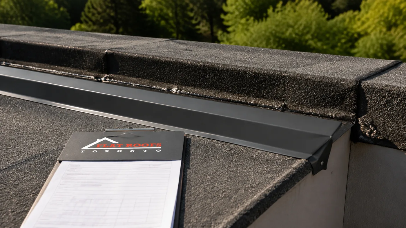 Close detail of a flat roofing York Region membrane seam and metal edge flashing on a low slope roof