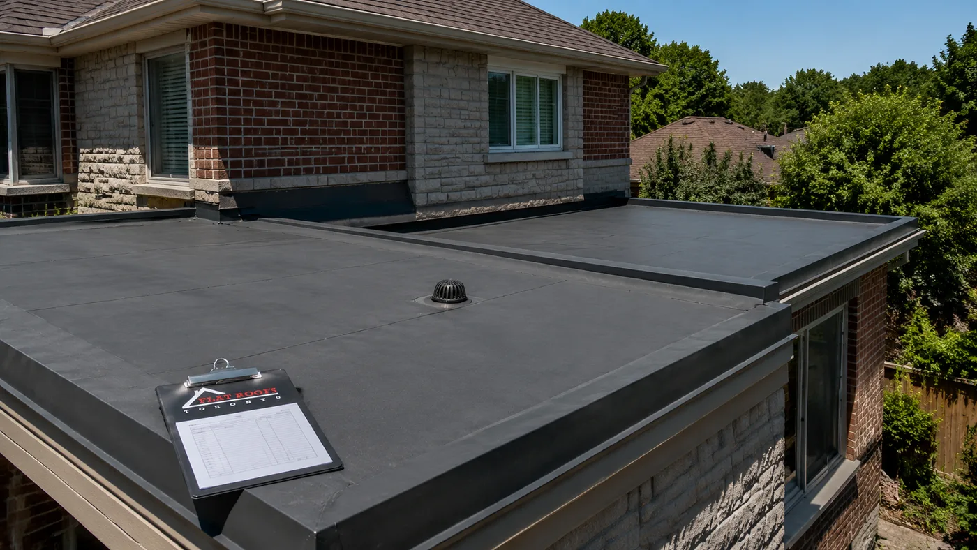 Modern low slope membrane roof on a York Region suburban home viewed on a clear summer day