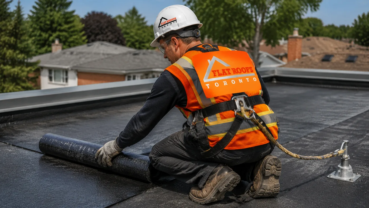 Roofer in full safety gear installing modified bitumen membrane on a flat roofing York Region project