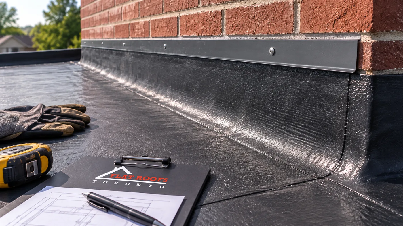 Close detail of flat roofing membrane seam and base flashing at a wall on a Richmond Hill property