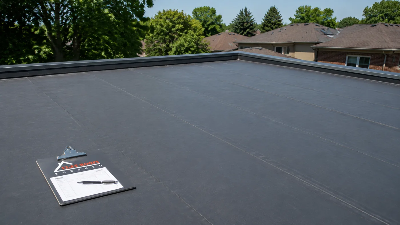 Modern flat roofing on a Richmond Hill home with clean membrane seams and edge metal in summer daylight
