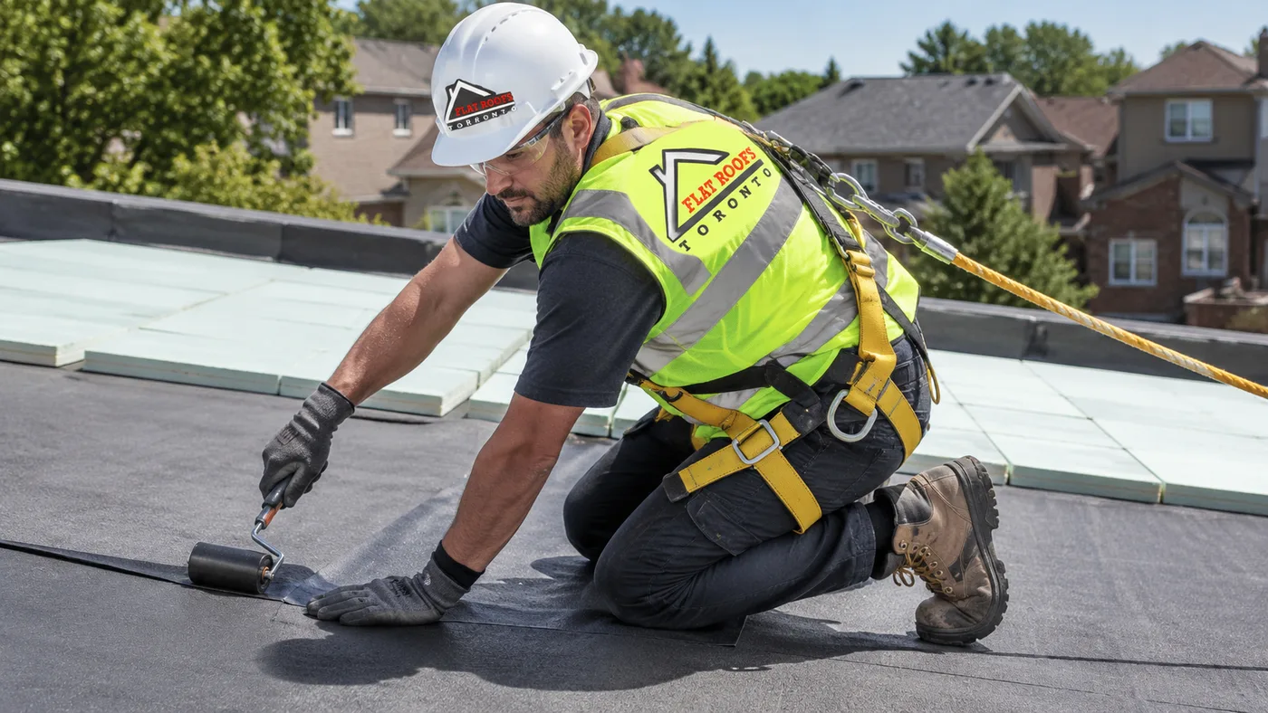 Roofer installing flat roofing on a Richmond Hill home wearing full safety gear and fall protection harness