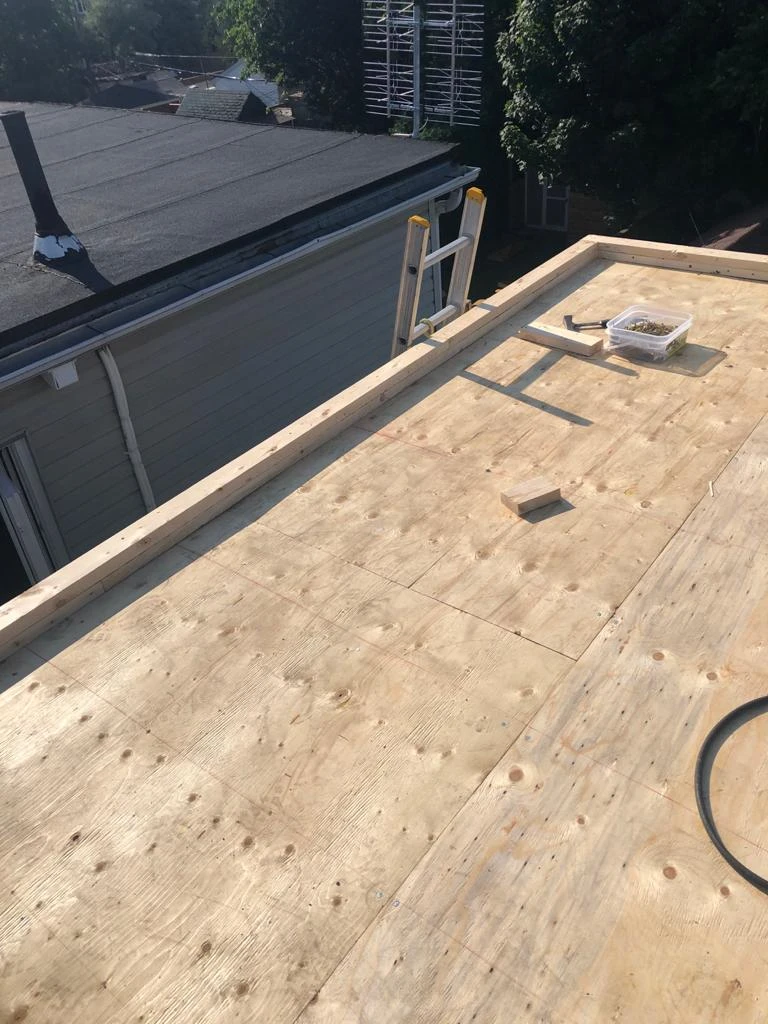 Two-ply modified bitumen torch-down membrane on a Toronto flat roof, view 2