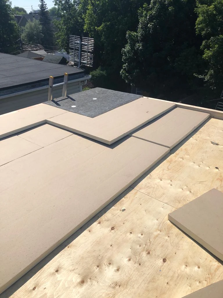 Two-ply modified bitumen torch-down membrane on a Toronto flat roof, view 5