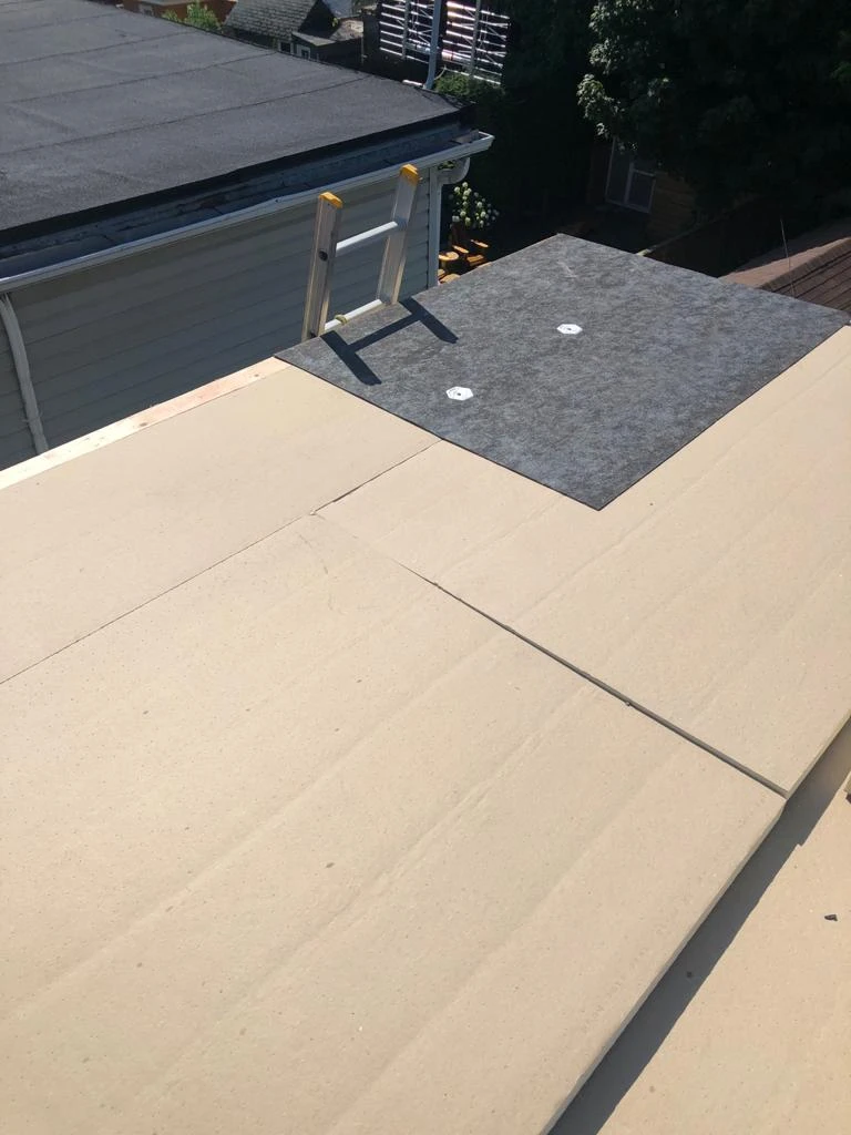 Two-ply modified bitumen torch-down membrane on a Toronto flat roof, view 8