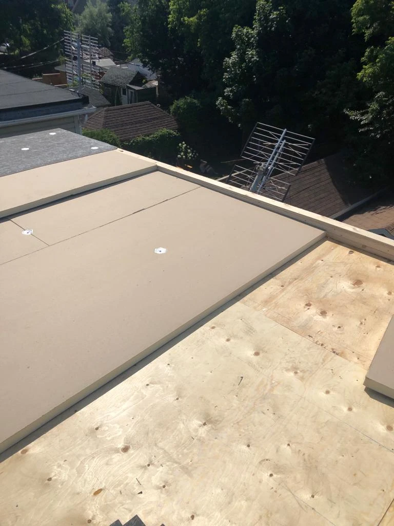 Two-ply modified bitumen torch-down membrane on a Toronto flat roof, view 9