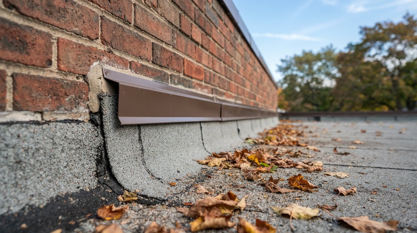 Close-up of base flashing and counterflashing at a parapet wall, a key detail of flat roof construction