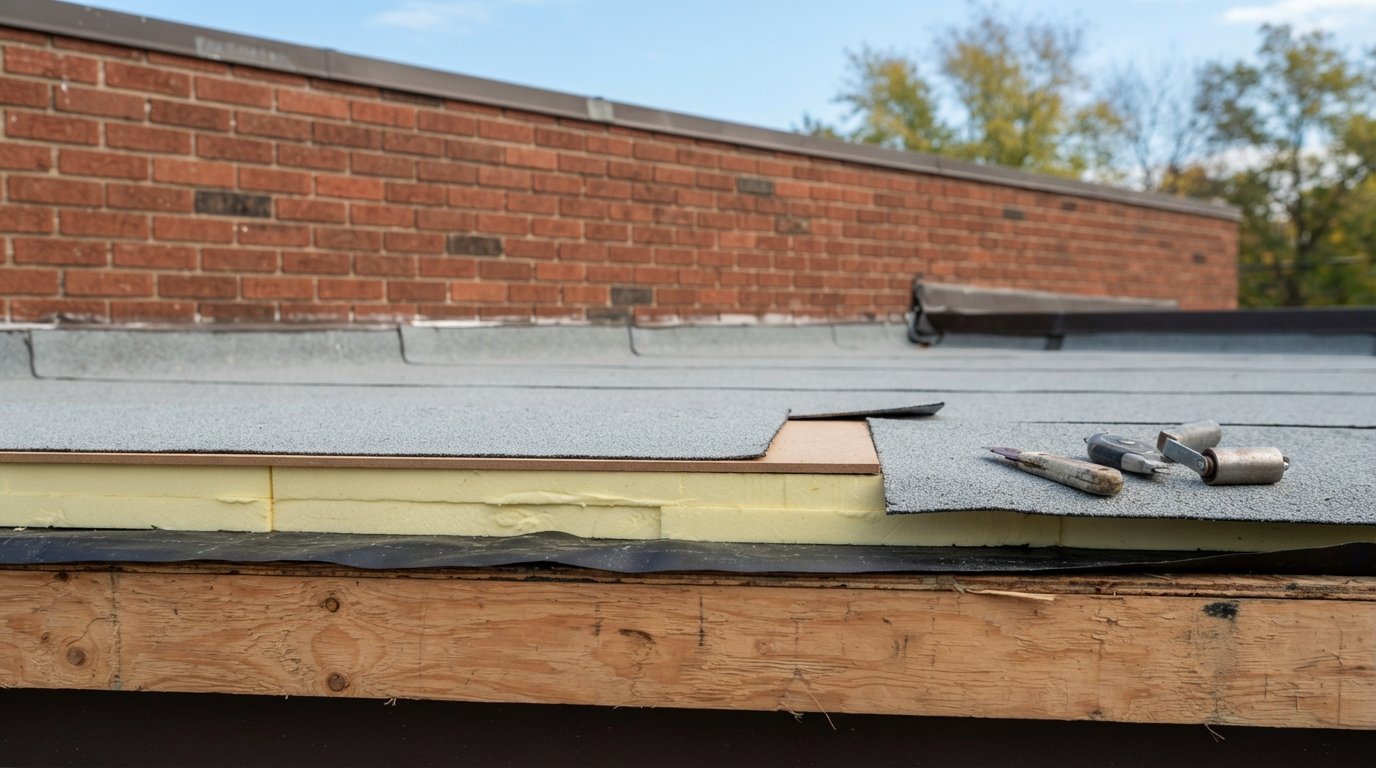 Cross-section of flat roof construction on a Toronto-area home showing deck, insulation, cover board and membrane layers