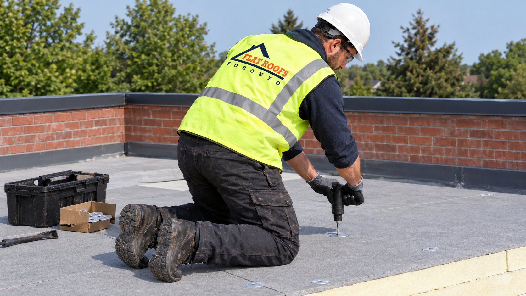 Roofer fastening a cover board over rigid insulation during flat roof construction on a GTA home