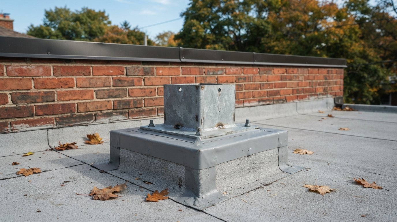 Close-up of a flashed guard post base showing balcony waterproofing membrane wrapped around the post