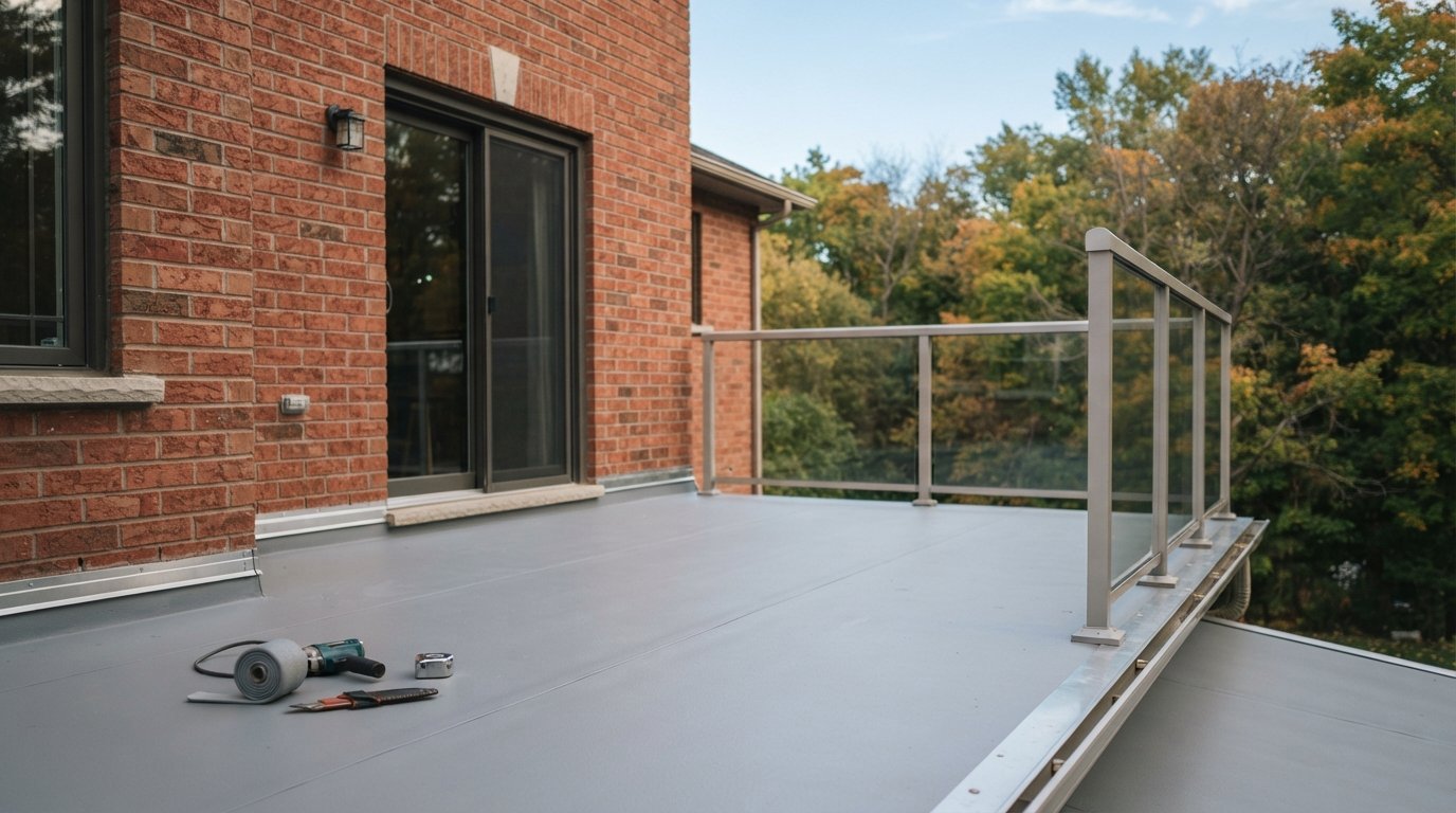 Walkout deck above a living room showing balcony waterproofing membrane, drainage edge and patio door threshold