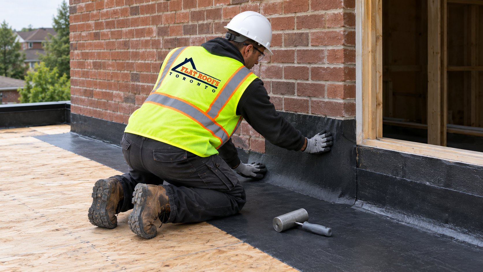 Roofer installing balcony waterproofing membrane up a wall and into a patio door opening on a walkout deck