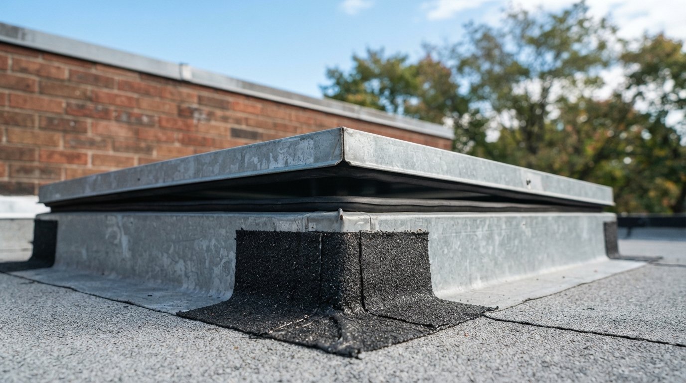Close-up of a roof hatch lid gasket and insulated curb corner with reinforced membrane flashing