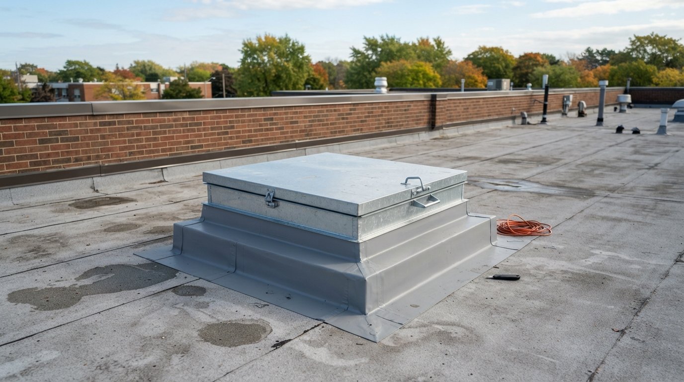 Insulated roof hatch with a raised curb and metal lid on a flat membrane roof of a low-rise building
