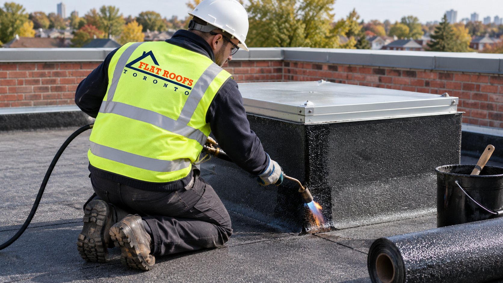 Roofer torching base flashing up the curb of a roof hatch on a flat roof