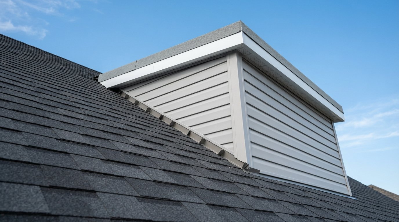Close-up of step flashing along a dormer cheek wall next to a flat roof dormer membrane edge