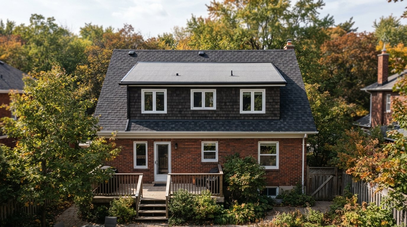 Flat roof dormer on a storey-and-a-half house with membrane roof, metal edge and shingled main roof around it