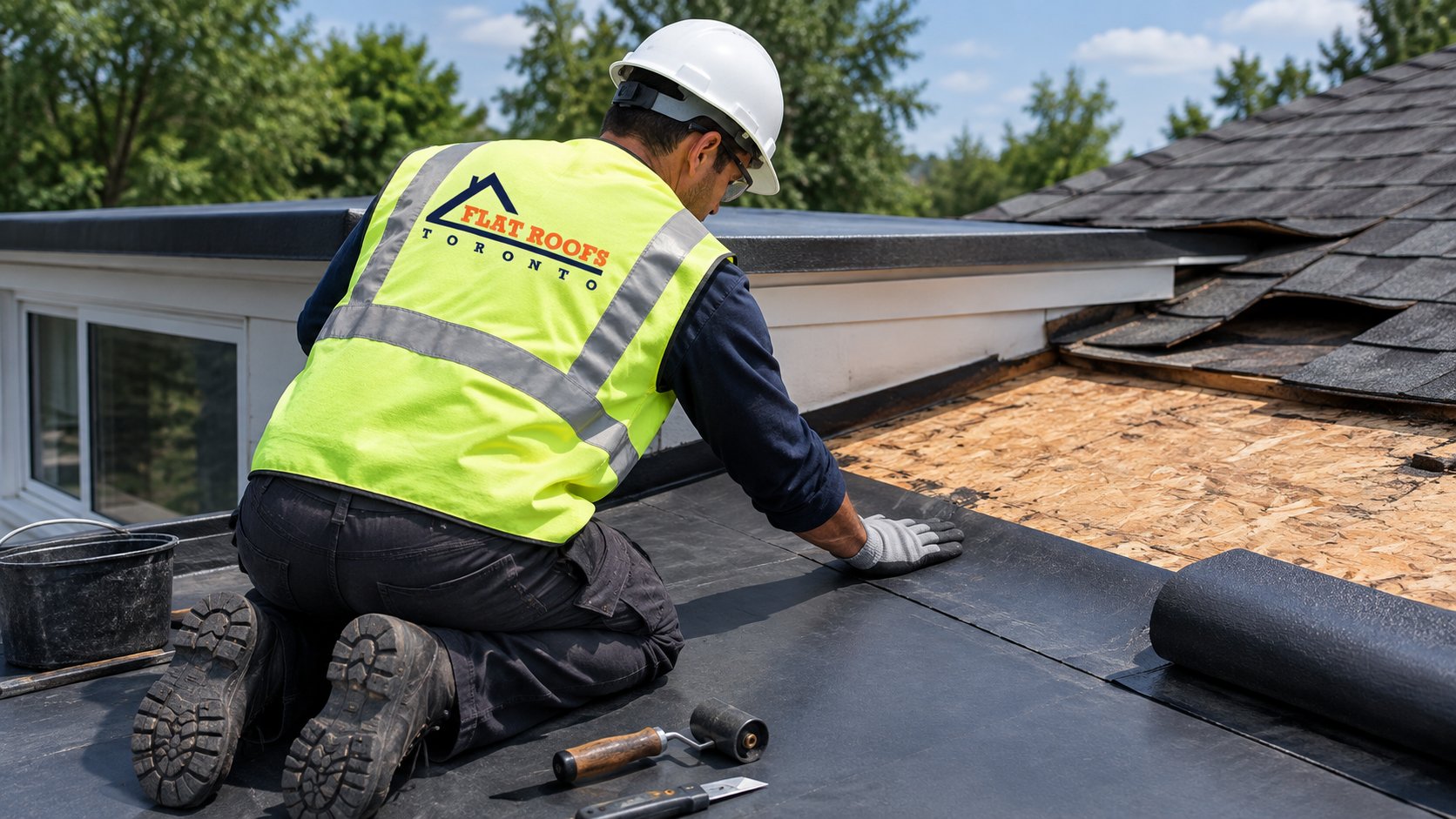 Roofer installing a membrane on a flat roof dormer where it meets the shingled main roof