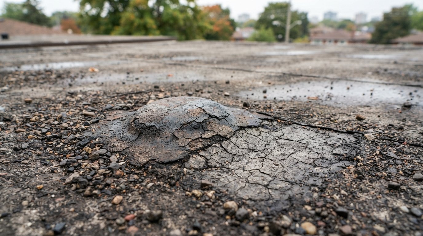 Close-up of a blister and bare spot on an aging built-up roof needing tar and gravel roof repair