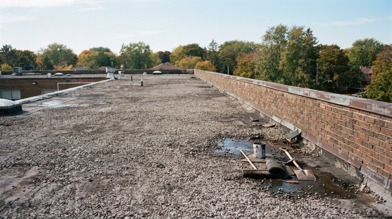 Older built-up gravel roof on a low-rise building ready for tar and gravel roof repair