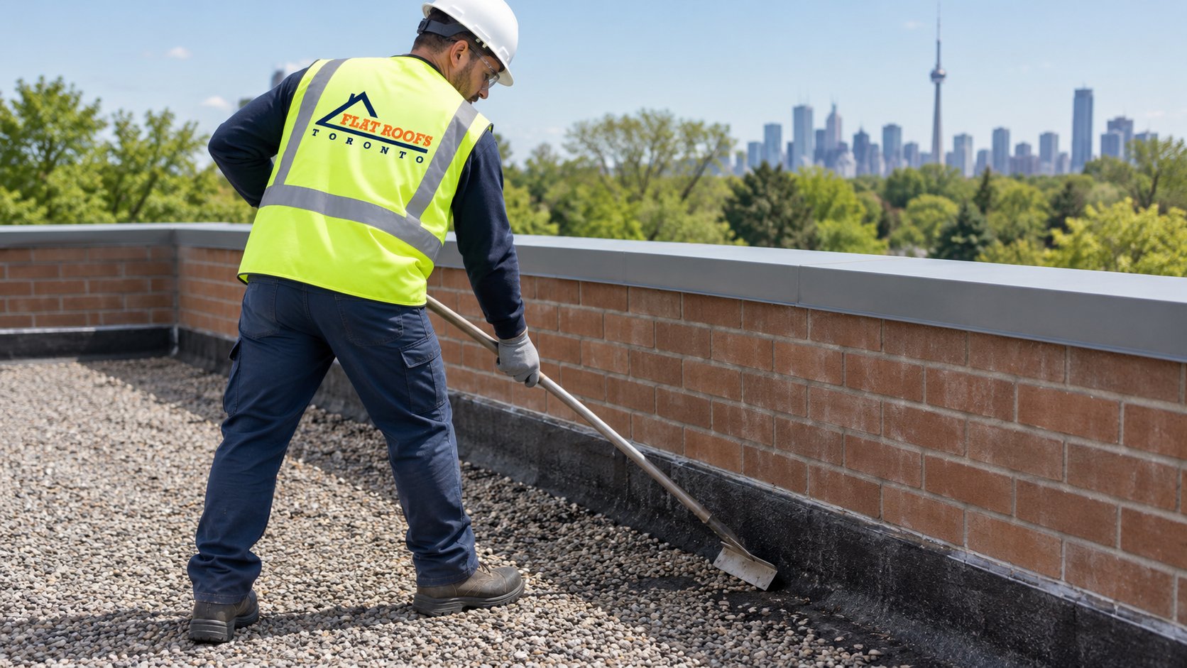 Roofer scraping gravel away from a parapet during tar and gravel roof repair on a flat roof