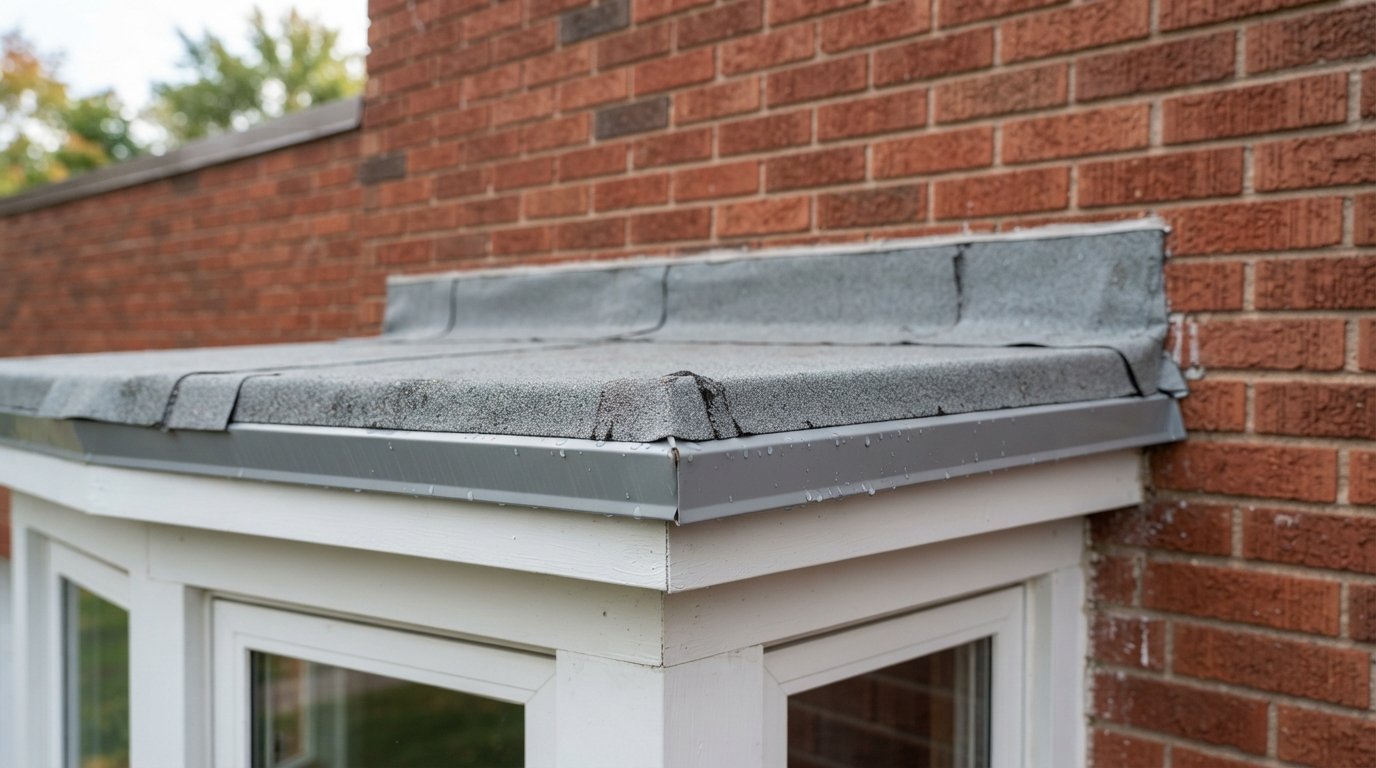 Close-up of drip edge and base flashing on a bay window roof above a window head
