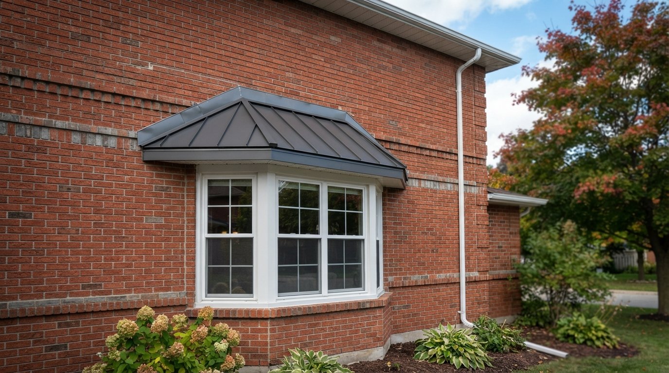 Low-slope bay window roof with metal covering and wall counterflashing on a brick Toronto-area house