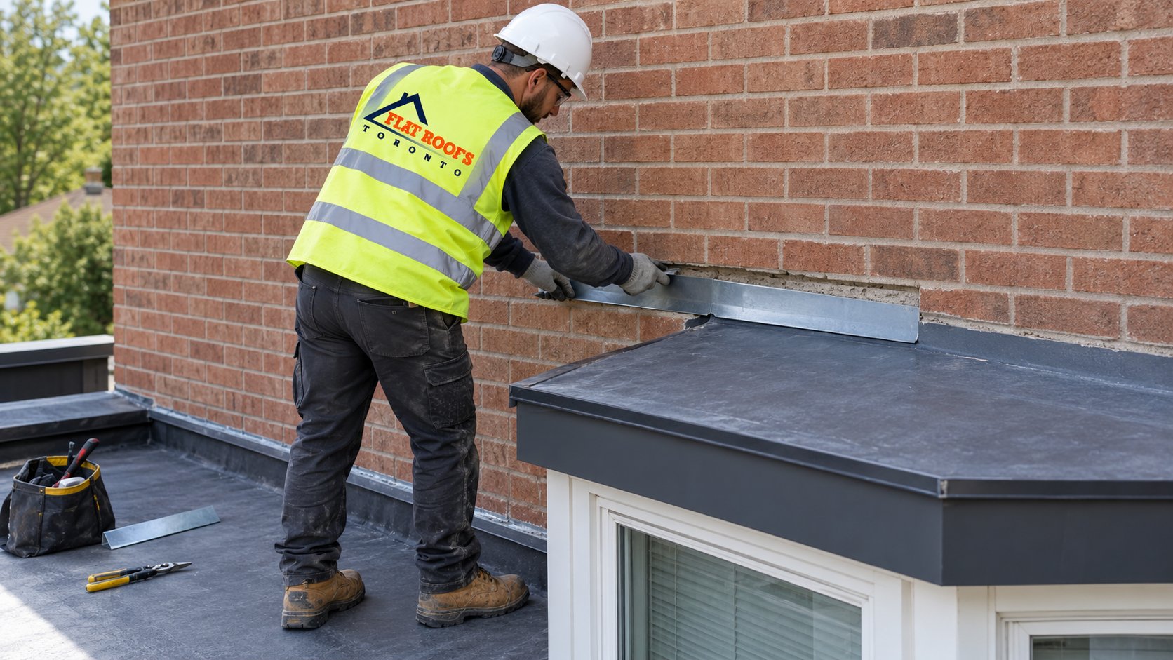 Roofer cutting a reglet in brick to install counterflashing above a bay window roof