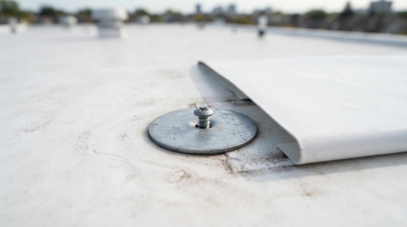 Close-up of a fastener and plate at the edge of a single-ply sheet on a mechanically attached roof before the seam is welded