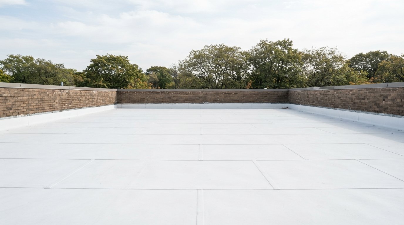 White single-ply membrane on a mechanically attached roof with visible welded seam lines on a low-rise building