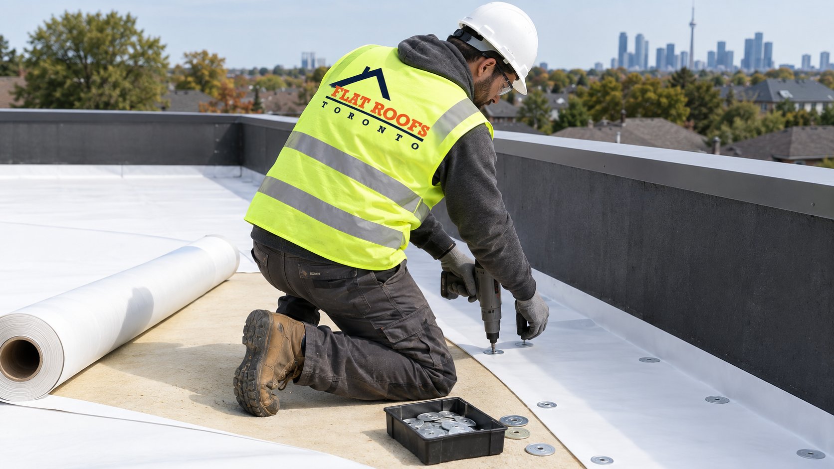 Roofer driving fasteners and plates along a seam on a mechanically attached roof