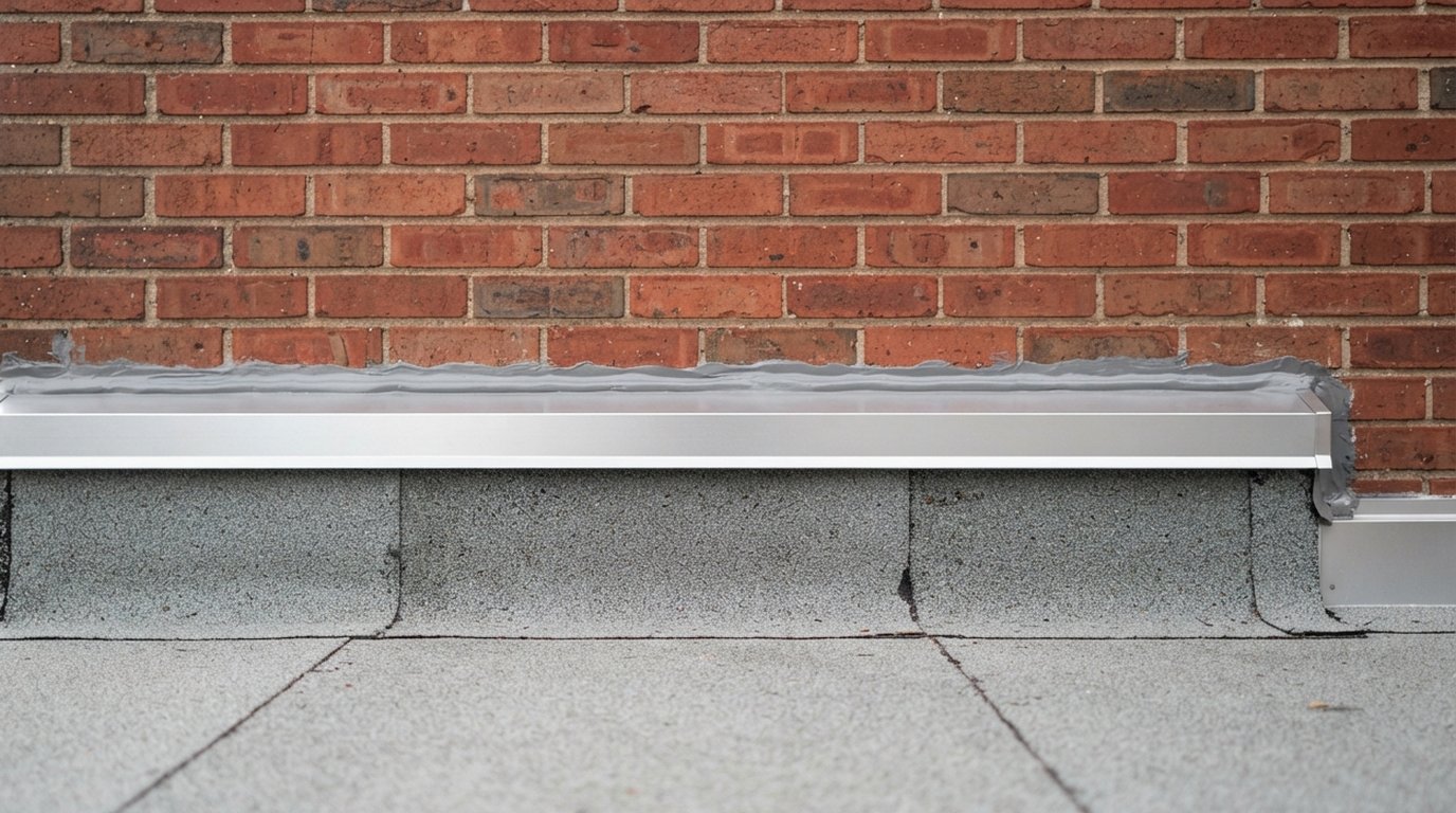 Close-up of counterflashing set into a mortar joint above a flat roof extension membrane