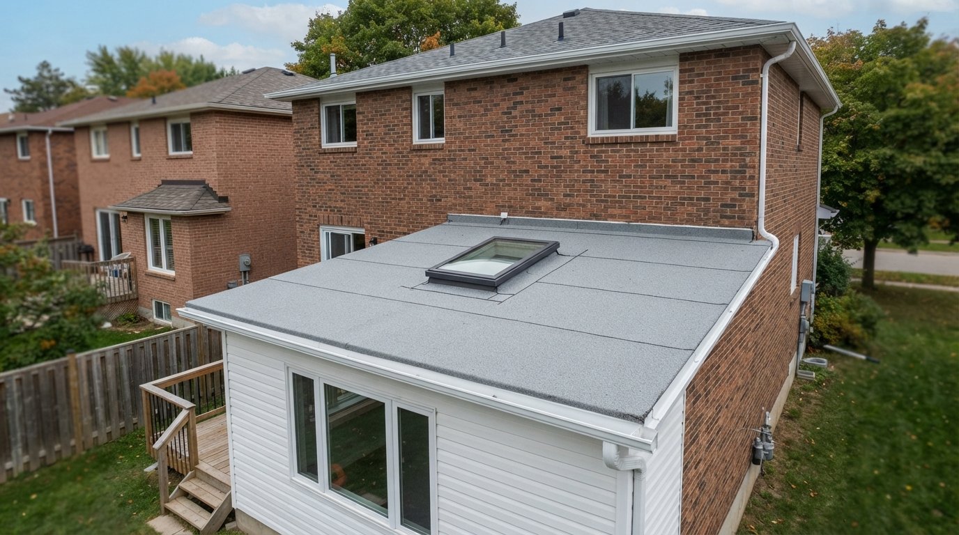 Flat roof extension at the back of a brick detached house with membrane roof, skylight and eavestrough