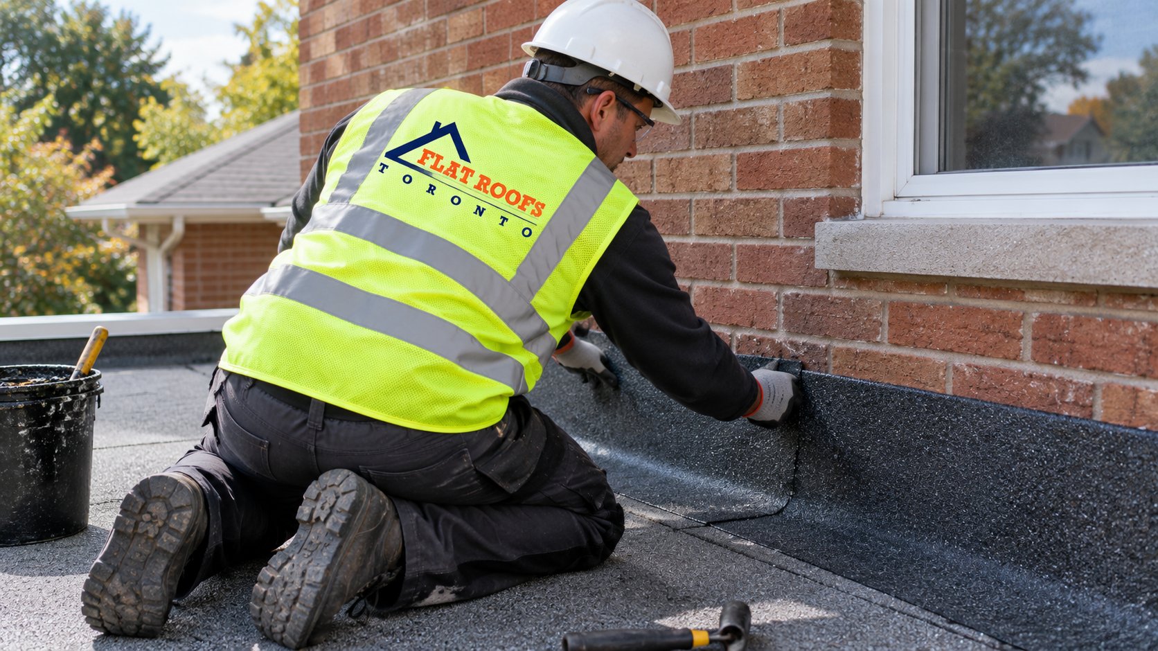 Roofer installing base flashing where a flat roof extension meets the brick wall of the main house