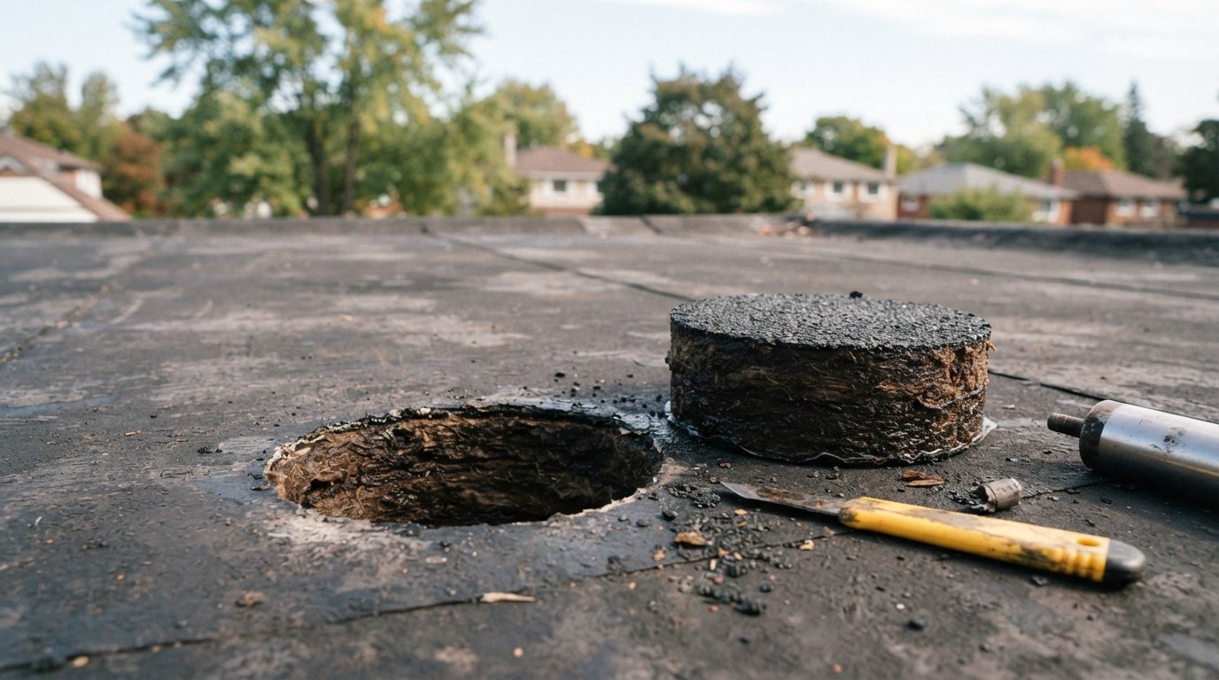 Core cut sample from an infrared roof inspection showing wet fibreboard insulation layers beneath a flat roof membrane