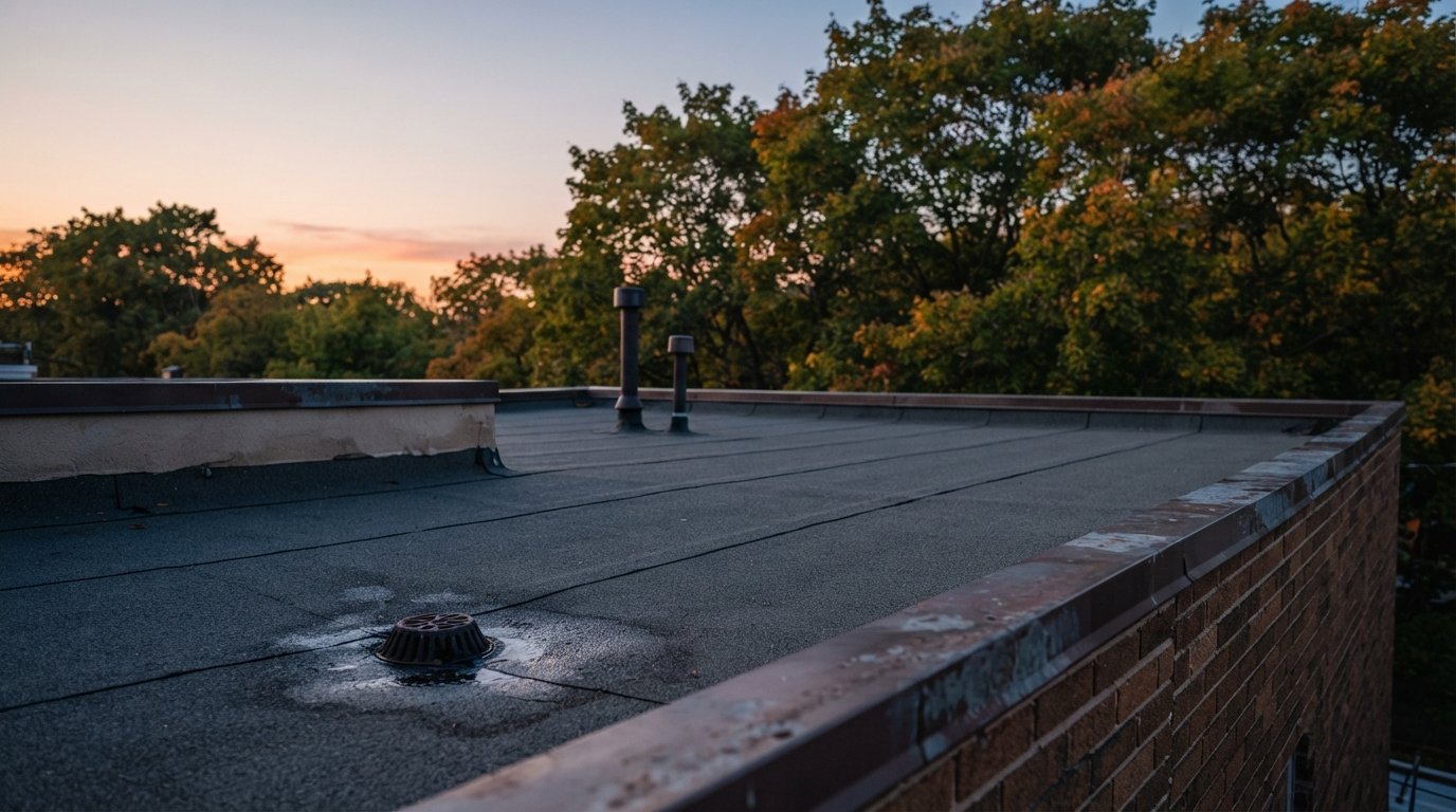 Flat roof at dusk ready for an infrared roof inspection, with drains, seams and parapet walls visible in soft light