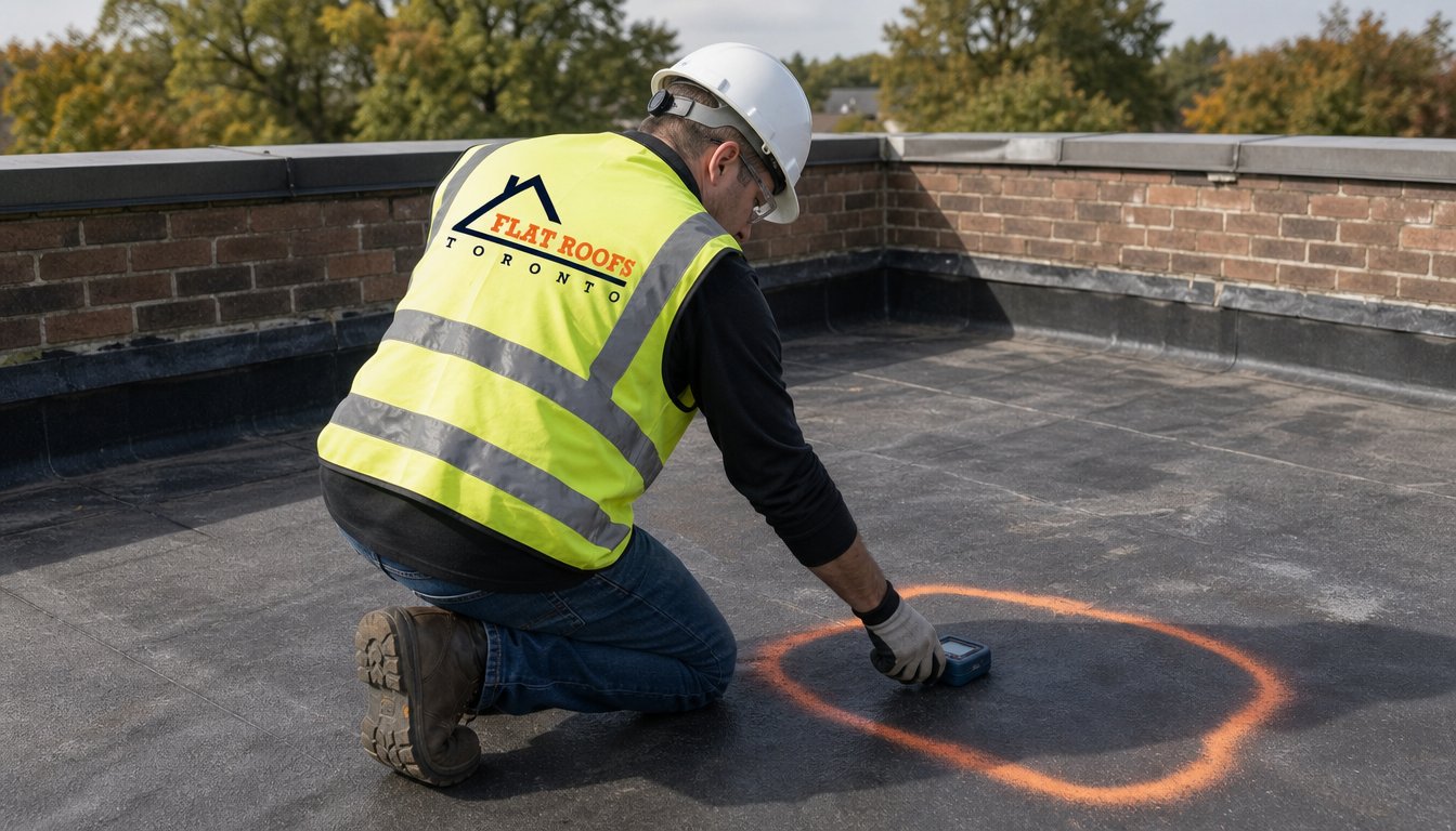 Roofer confirming an infrared roof inspection result with a moisture meter beside a marked area on a flat membrane